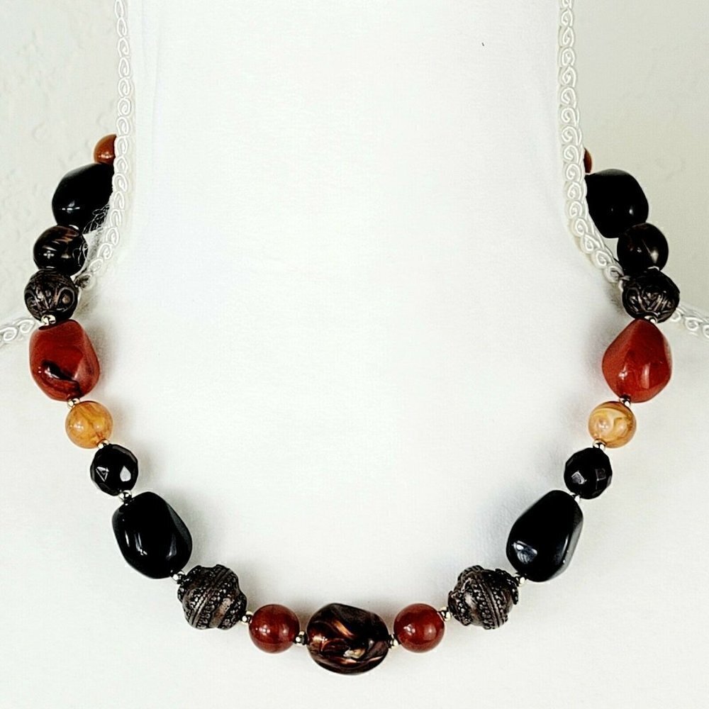 Beaded Single Strand Necklace Neutrals Antiqued Bronze Bohemian Boho 17"-20"